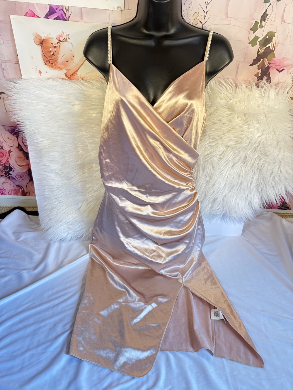 Satin Pearl-Strap Wrap Midi Dress in Blush Champagne